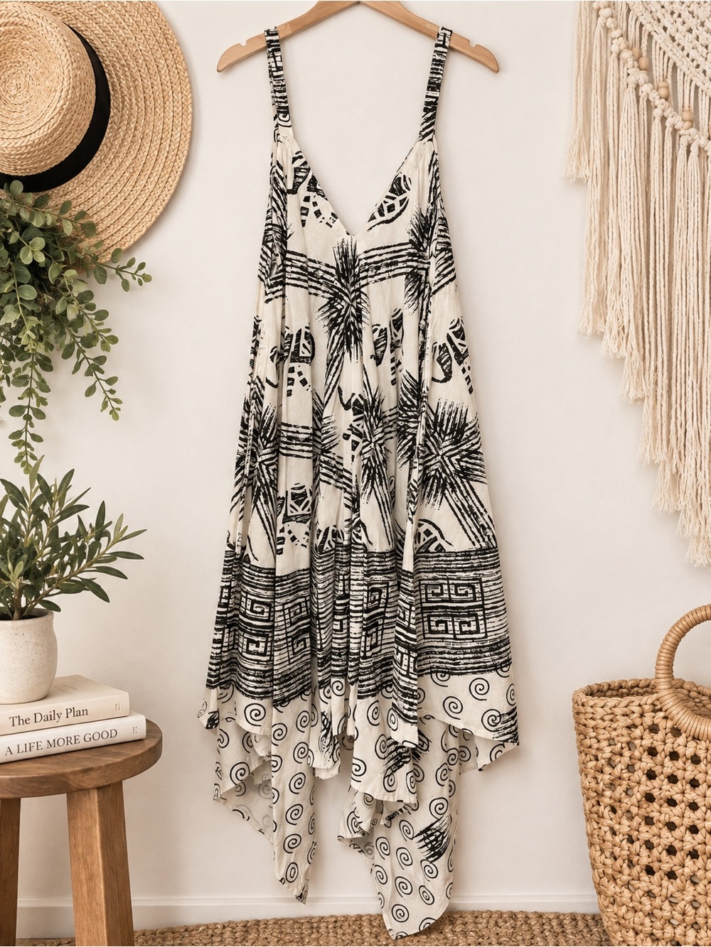 Cream & Black Asymmetrical Handkerchief Hem Dress